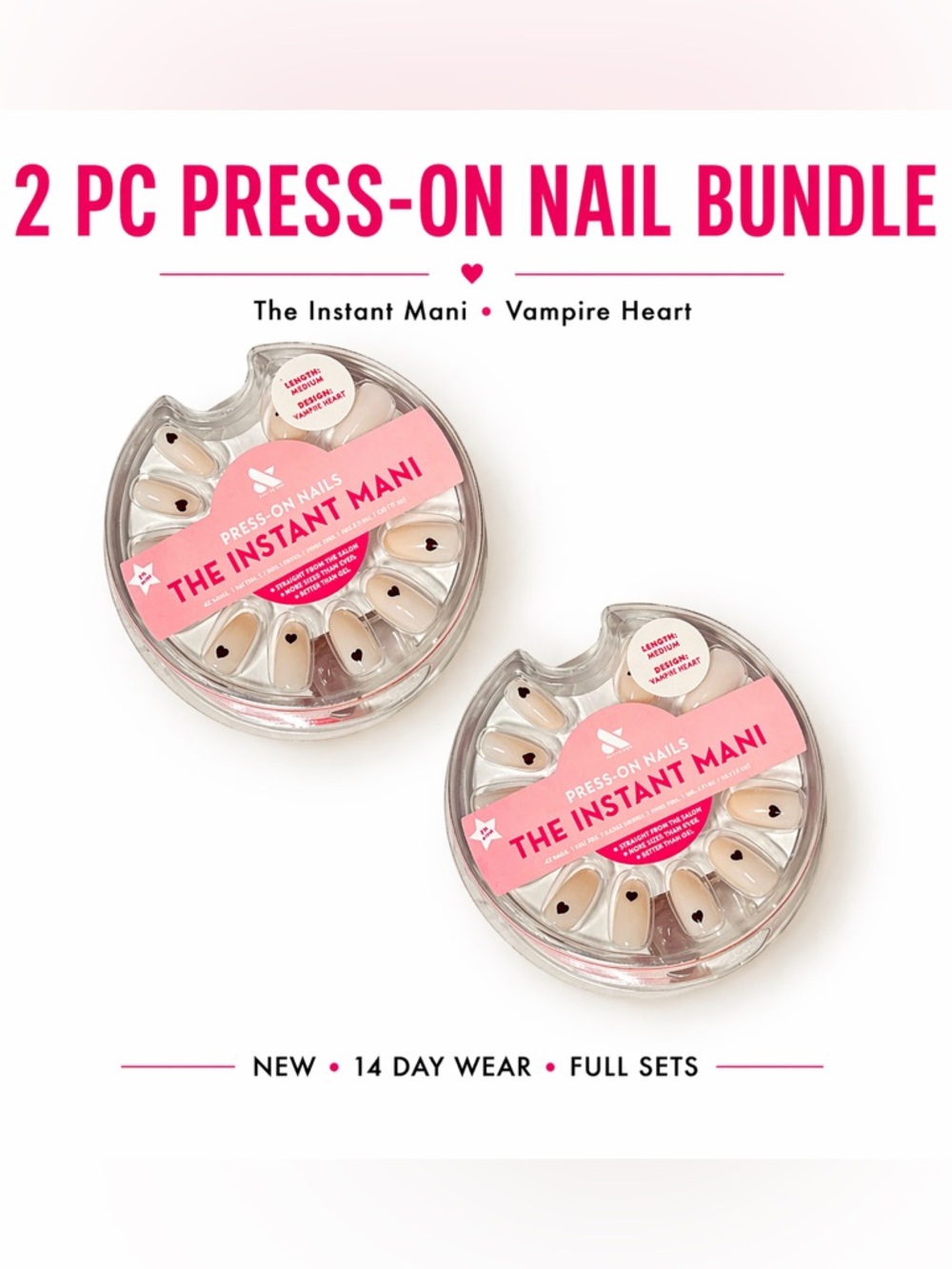 Olive & June Press On Nails 2 Pack Almond Pink Heart Design Neutral Cute